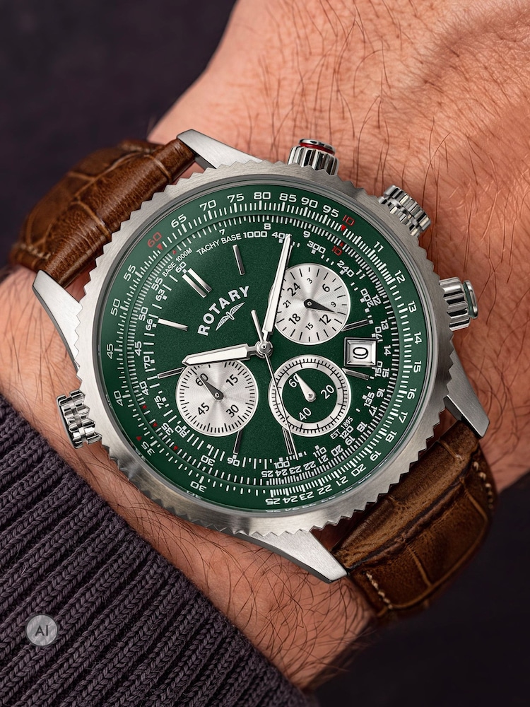 Rotary Brown Pilot Chronograph Green Dial Stainless Steel Leather Strap Watch - Image 6 of 6