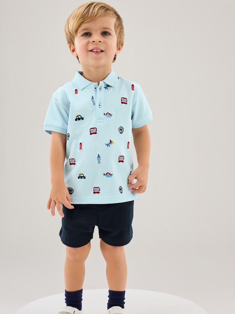 Blue 100% Cotton All Over Printed Polo Shirt And Shorts Set (3mths-7yrs) - Image 1 of 5 Blue 100% Cotton All Over Printed Polo Shirt And Shorts Set (3mths-7yrs) - Image 1 of 5
