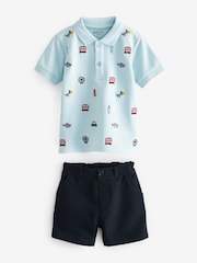 Blue 100% Cotton All Over Printed Polo Shirt And Shorts Set (3mths-7yrs) - Image 3 of 5