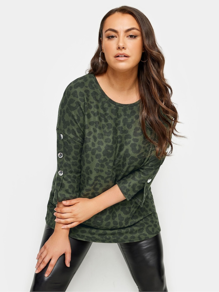 Yours Curve Green Long Sleeve Button Soft Touch Top - Image 1 of 4