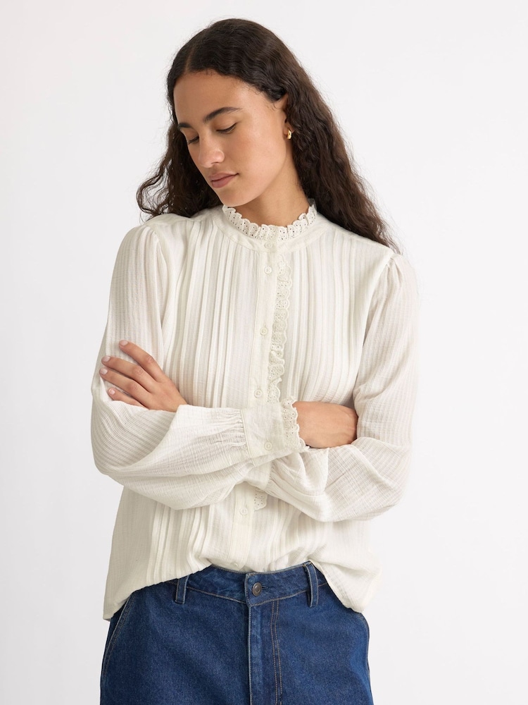 Albaray Cream Lace Edge High Neck Blouse - Image 1 of 5 Albaray Cream Lace Edge High Neck Blouse - Image 1 of 5