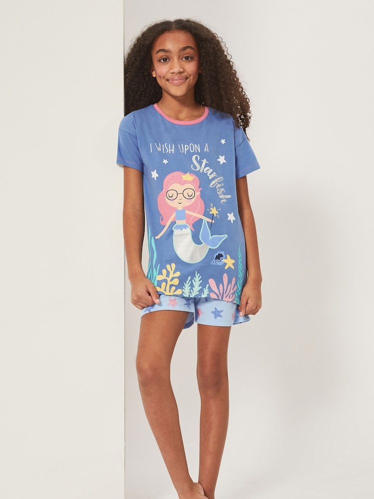 Harry Bear Blue Mermaid Wish Upon a Star 100% Cotton Pyjamas - Image 1 of 3 Harry Bear Blue Mermaid Wish Upon a Star 100% Cotton Pyjamas - Image 1 of 3