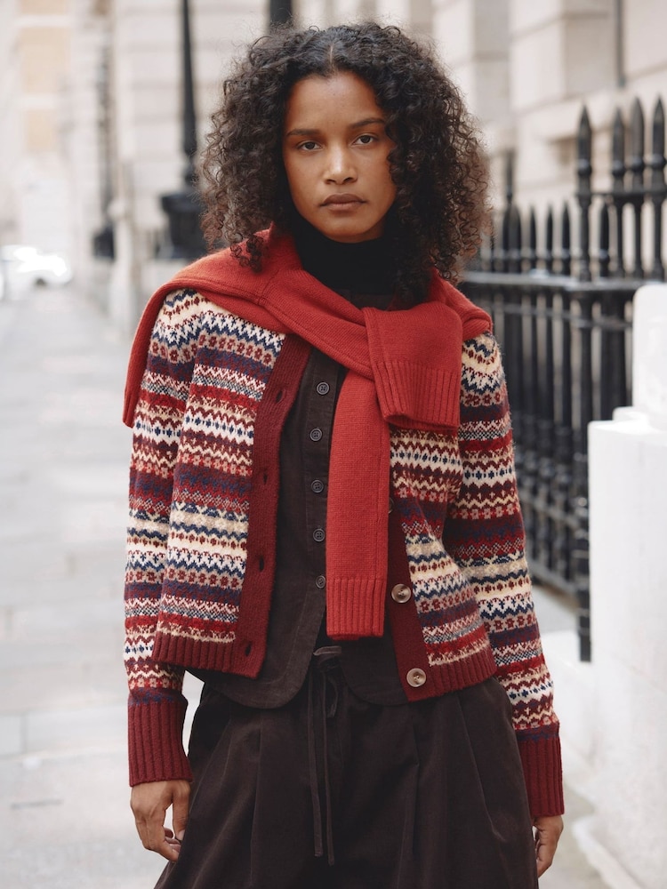 Albaray Red Fair Isle Crew Neck Cardigan - Image 1 of 6 Albaray Red Fair Isle Crew Neck Cardigan - Image 1 of 6
