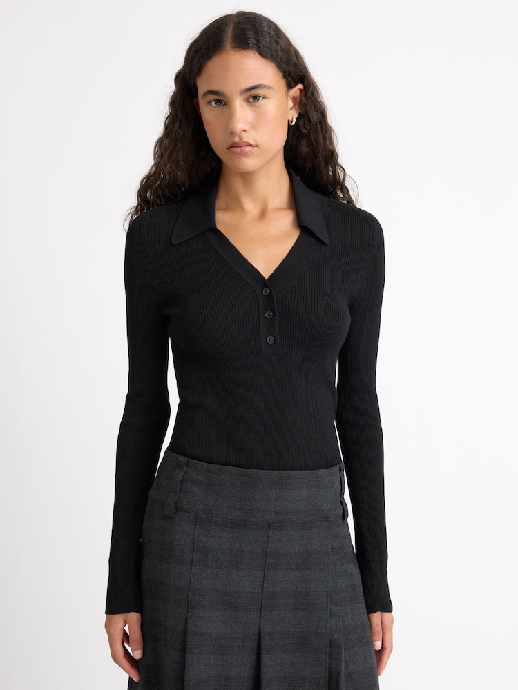 Albaray Black Rib V-Neck Long Sleeve Top - Image 1 of 5
