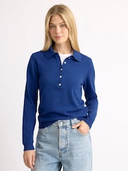 Albaray Blue Fine Knit Long Sleeve Polo Colbolt Jumpers - Image 1 of 4