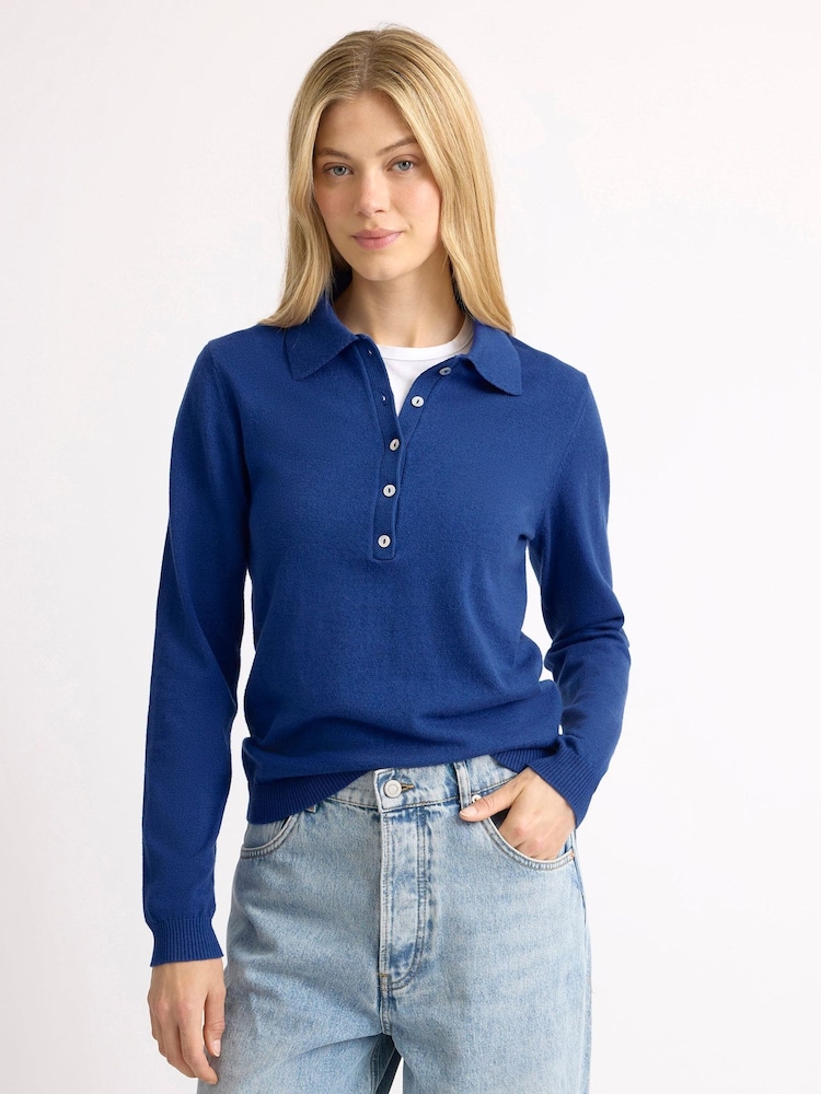 Albaray Blue Fine Knit Long Sleeve Polo Colbolt Jumpers - Image 1 of 4 Albaray Blue Fine Knit Long Sleeve Polo Colbolt Jumpers - Image 1 of 4
