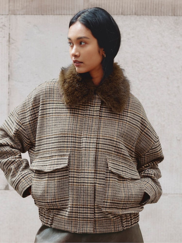 Albaray Fur Collar Check Bomber Jacket - Bilde 1 av 7 Albaray Fur Collar Check Bomber Jacket - Bilde 1 av 7