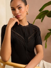 Love & Roses Black Lace Trim High Neck Jersey Blouse - Image 1 of 4