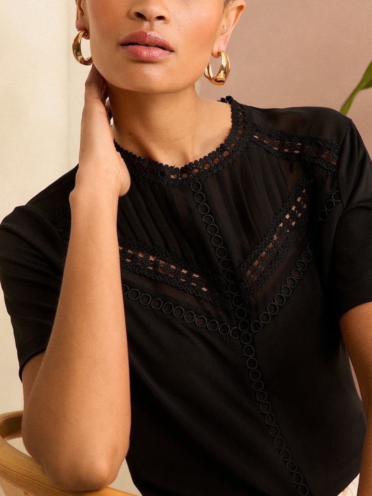 Love & Roses Black Lace Trim High Neck Jersey Blouse - Image 2 of 4