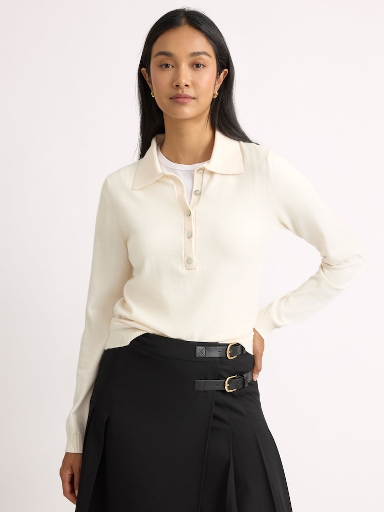 Albaray Cream Fine Knit Long Sleeve Polo Jumper - Image 1 of 4 Albaray Cream Fine Knit Long Sleeve Polo Jumper - Image 1 of 4