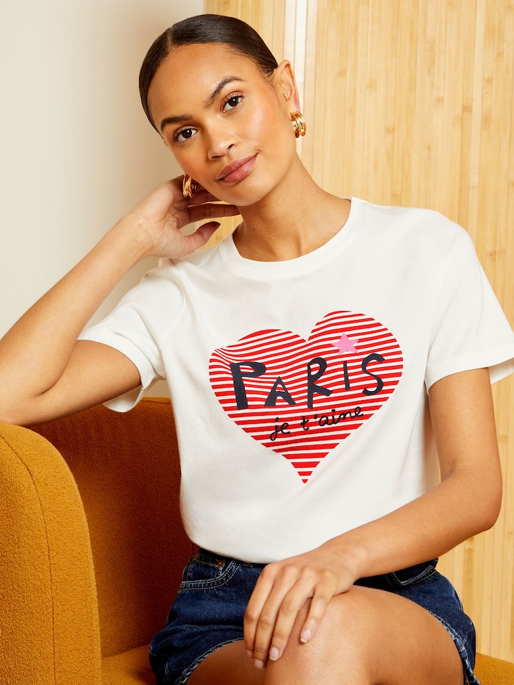 Love & Roses White Paris Slogan Crew Neck Jersey T-Shirt - Image 2 of 4