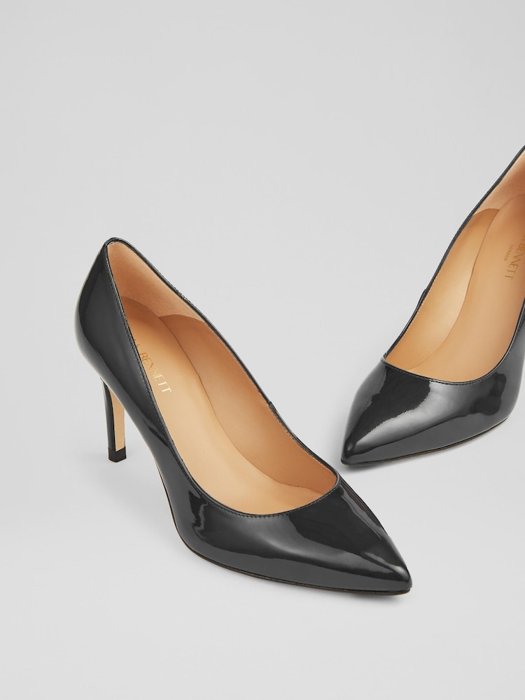 LK Bennett Black Floret Leather Pointed Toe Courts - Image 2 of 3