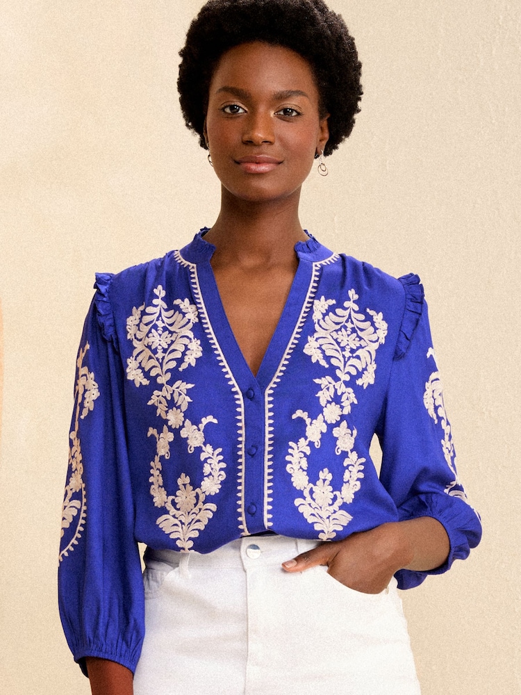 Love & Roses Cobalt Blue Embroidery Petite Embroidered V Neck 3/4 Sleeve Blouse - Image 1 of 4