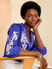 Love & Roses Cobalt Blue Embroidery Petite Embroidered V Neck 3/4 Sleeve Blouse - Image 2 of 4