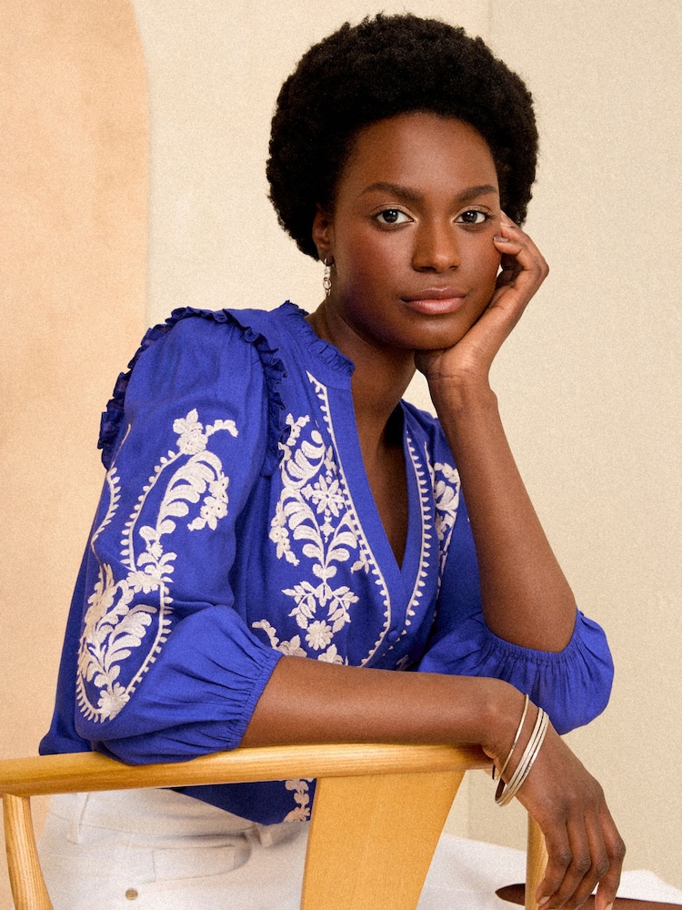 Love & Roses Cobalt Blue Embroidery Petite Embroidered V Neck 3/4 Sleeve Blouse - Image 2 of 4