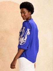 Love & Roses Cobalt Blue Embroidery Petite Embroidered V Neck 3/4 Sleeve Blouse - Image 3 of 4
