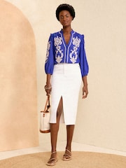 Love & Roses Cobalt Blue Embroidery Petite Embroidered V Neck 3/4 Sleeve Blouse - Image 4 of 4