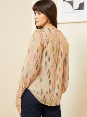 Love & Roses Pink Metallic Petite Chiffon V Neck Long Sleeve Over The Head Blouse - Image 3 of 4