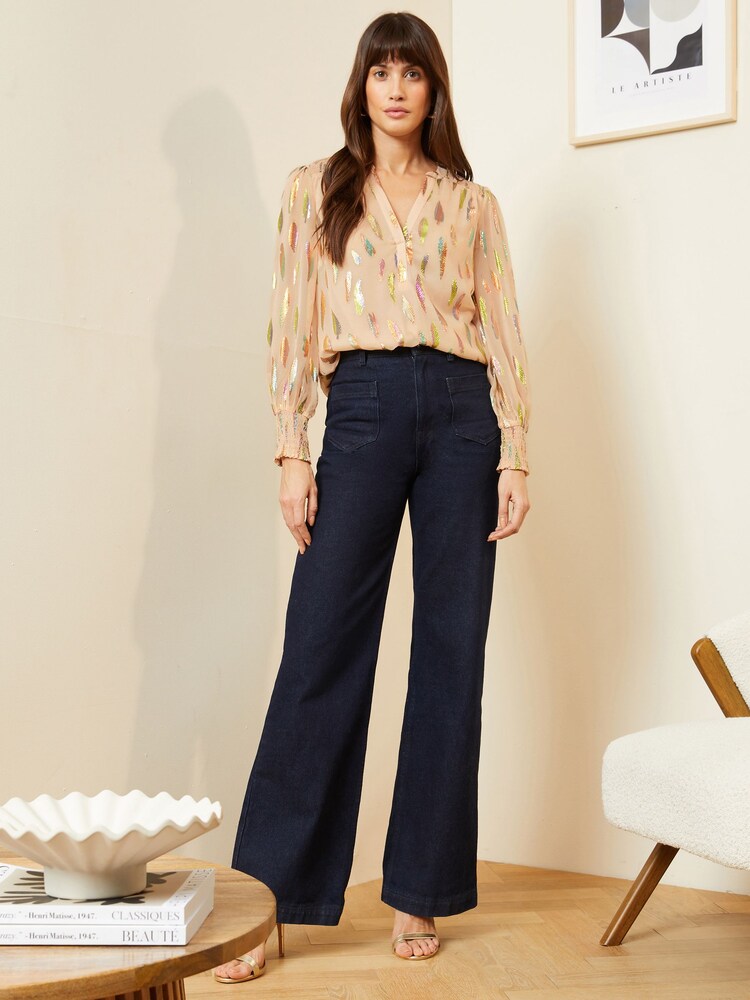 Love & Roses Pink Metallic Petite Chiffon V Neck Long Sleeve Over The Head Blouse - Image 4 of 4