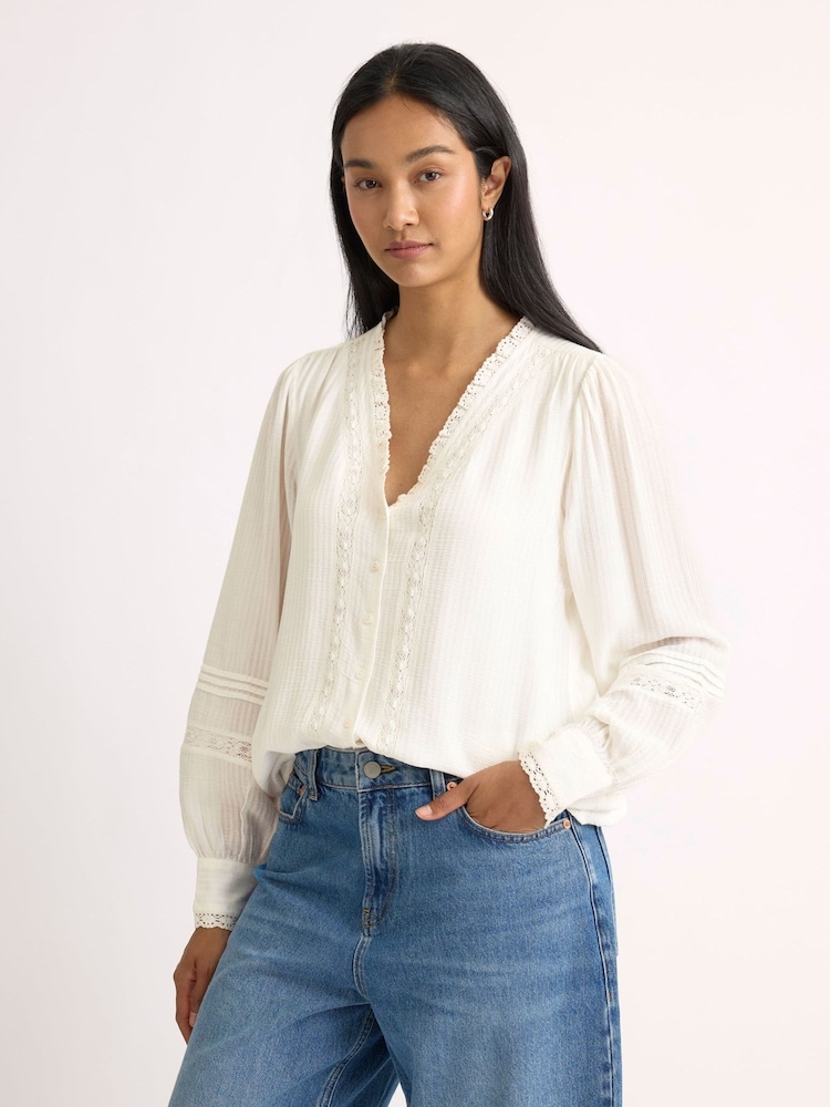 Albaray Cream lace Trim V Neck Blouse - Image 1 of 5 Albaray Cream lace Trim V Neck Blouse - Image 1 of 5