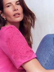 Boden Pink Cutwork Detail Jersey Top - Image 2 of 4