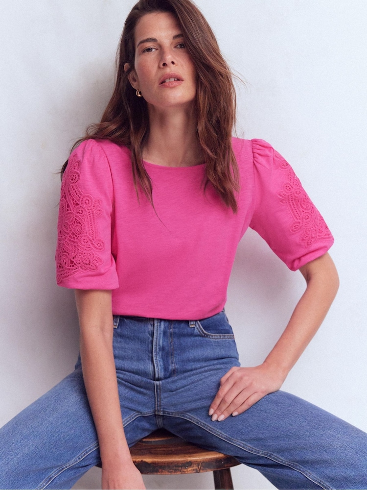 Boden Pink Cutwork Detail Jersey Top - Image 4 of 4
