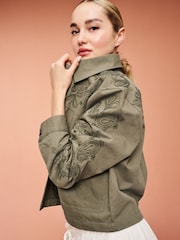 Khaki Green Embroidered Cotton Jacket - Image 1 of 6