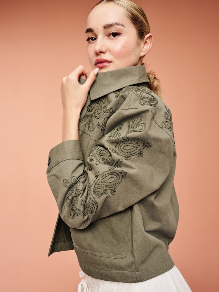Khaki Green Embroidered Cotton Jacket - Image 1 of 6