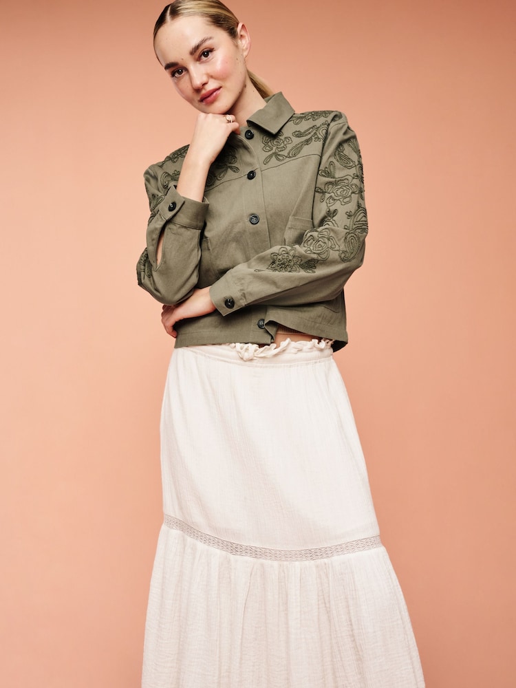 Khaki Green Embroidered Cotton Jacket - Image 2 of 6