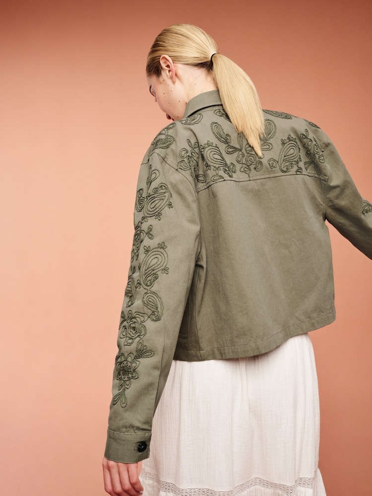 Khaki Green Embroidered Cotton Jacket - Image 3 of 6