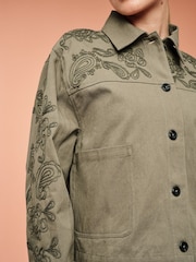 Khaki Green Embroidered Cotton Jacket - Image 4 of 6