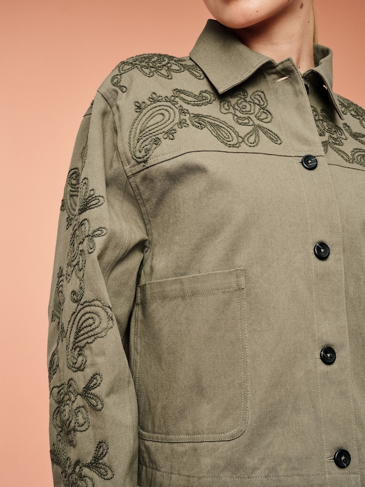 Khaki Green Embroidered Cotton Jacket - Image 4 of 6