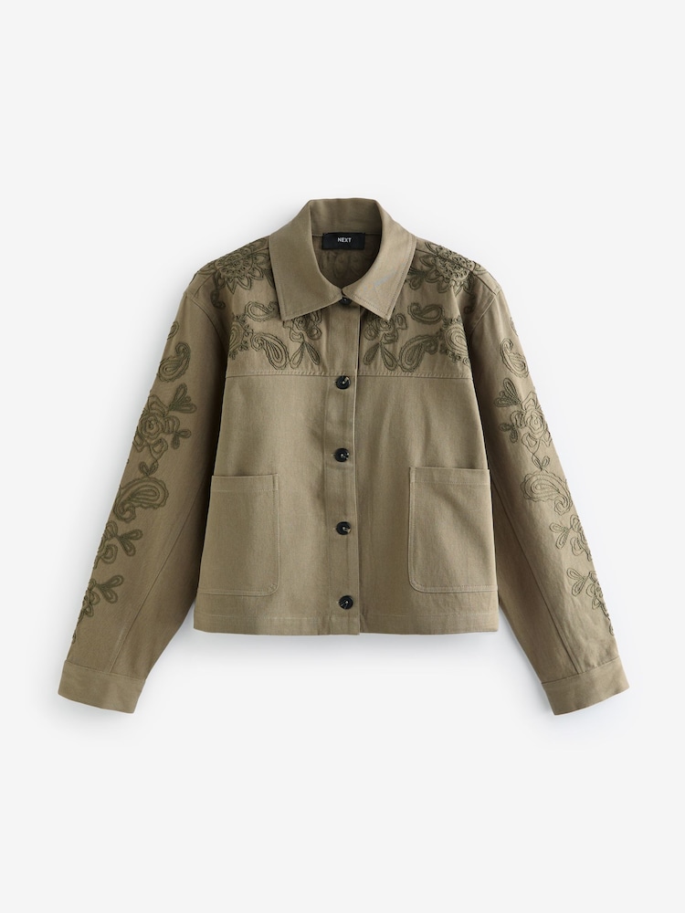 Khaki Green Embroidered Cotton Jacket - Image 5 of 6
