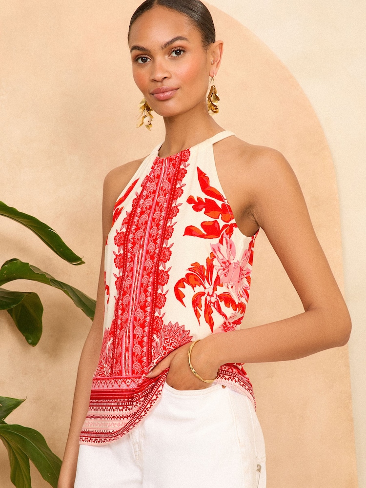Love & Roses Red Paisley Halter Neck Jersey Top - Image 1 of 4 Love & Roses Red Paisley Halter Neck Jersey Top - Image 1 of 4