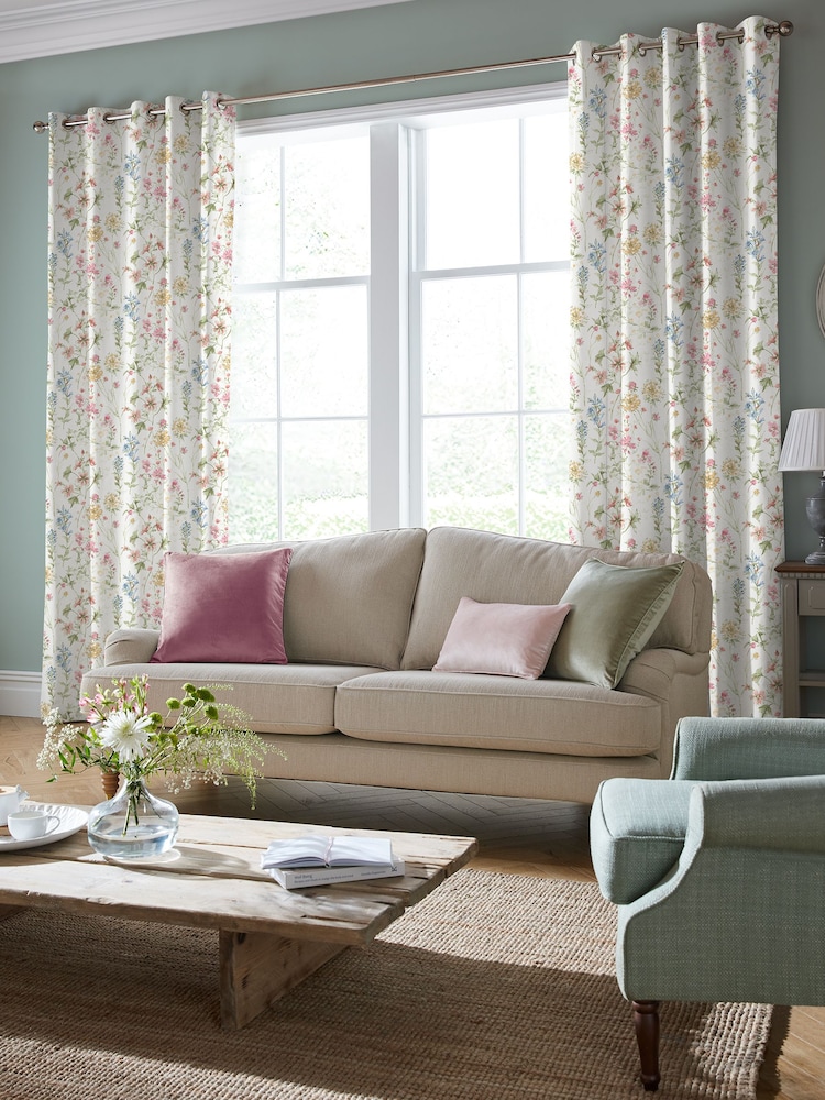 Laura Ashley Coral Pink Wild Meadow Made to Measure 100% Cotton Curtains - Image 1 of 9