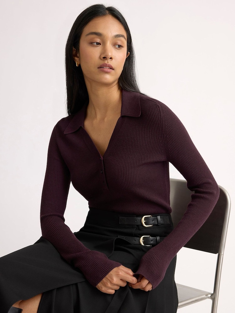 Albaray Red Rib V-Neck Long Sleeve Top - Image 1 of 6 Albaray Red Rib V-Neck Long Sleeve Top - Image 1 of 6