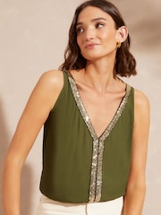 Love & Roses Khaki Green Trim Detail V Neck Vest Top - Image 1 of 4