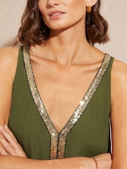 Love & Roses Khaki Green Trim Detail V Neck Vest Top - Image 2 of 4