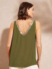 Love & Roses Khaki Green Trim Detail V Neck Vest Top - Image 3 of 4