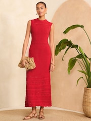 Love & Roses Red Sleeveless Crochet Stitch Knitted Midi Dress - Image 1 of 4