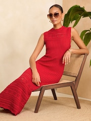 Love & Roses Red Sleeveless Crochet Stitch Knitted Midi Dress - Image 3 of 4