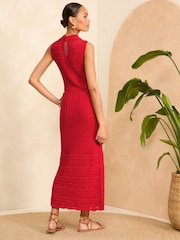 Love & Roses Red Sleeveless Crochet Stitch Knitted Midi Dress - Image 4 of 4