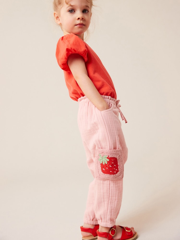 Pink 100% Cotton Crochet Pocket Trousers (3mths-7yrs) - Image 1 of 8