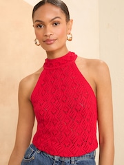 Love & Roses Red Scallop Crochet Knitted Halter Top - Image 1 of 4
