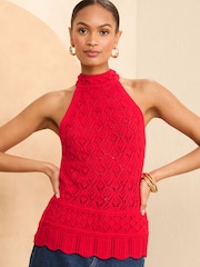 Love & Roses Red Scallop Crochet Knitted Halter Top - Image 3 of 4