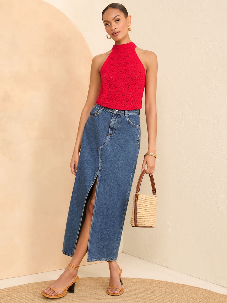 Love & Roses Red Scallop Crochet Knitted Halter Top - Image 4 of 4