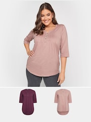 Yours Curve Purple Pintuck Henley 100% Cotton Tops 2 Pack - Image 1 of 5