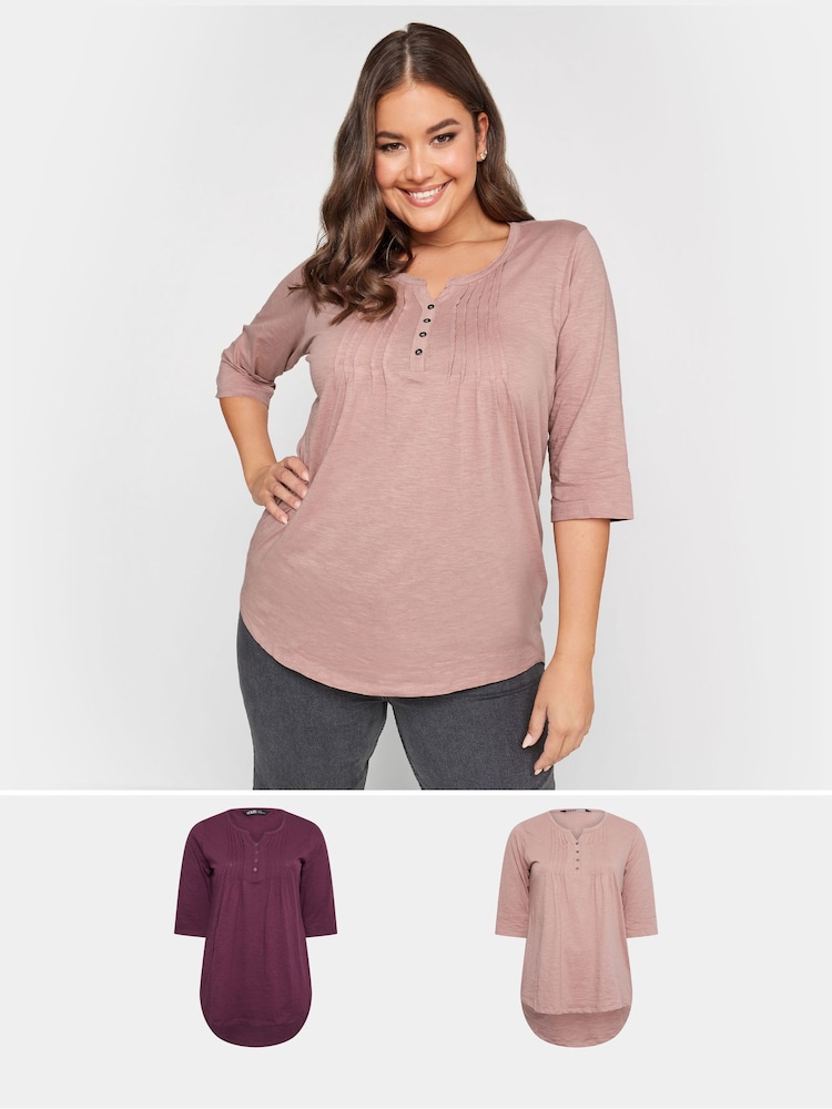 Yours Curve Purple Pintuck Henley 100% Cotton Tops 2 Pack - Image 1 of 5 Yours Curve Purple Pintuck Henley 100% Cotton Tops 2 Pack - Image 1 of 5