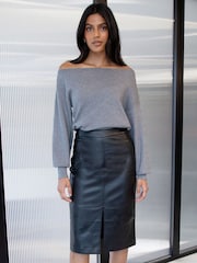 Threadbare Black Mid Length PU Faux Leather Skirt - Image 1 of 4