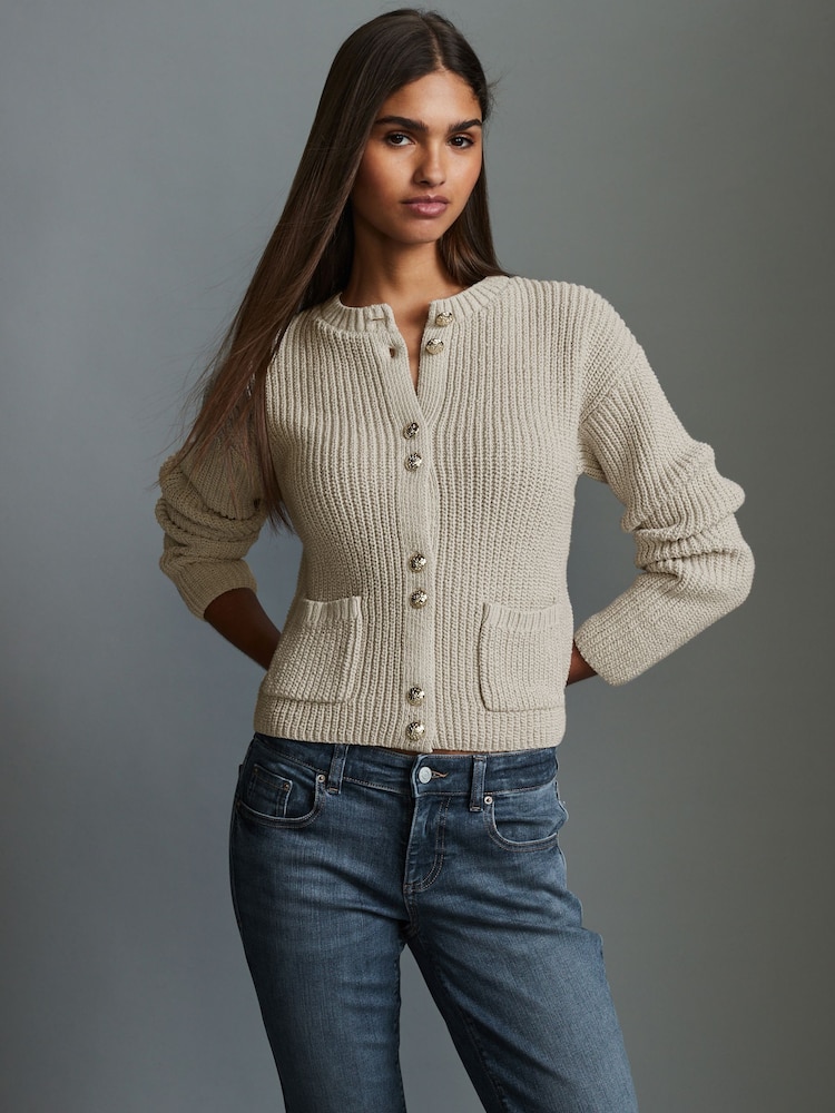 Grey Gold Button Rib Cardigan - Image 1 of 6